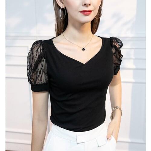 Women Summer Sexy Tshirt Lace Puff Sleeve V Neck T Shirt Black White Slim Top Office Lady Fashion Plus Size Tee Female Pullover