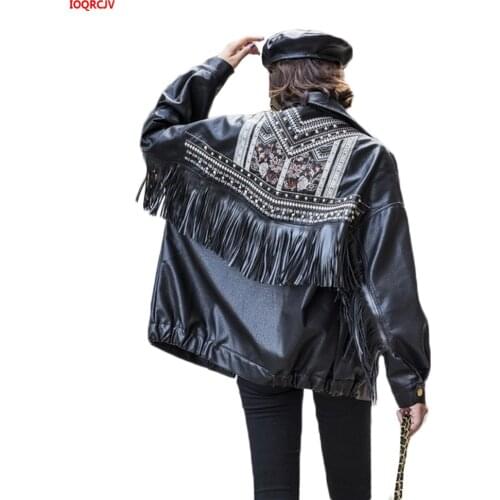 Leather Jacket Women Fringed Rivet Punk PU Leather Jacket Locomotive Short Coat Motorcycle Outerwear Lady Embroidery Coats W1504