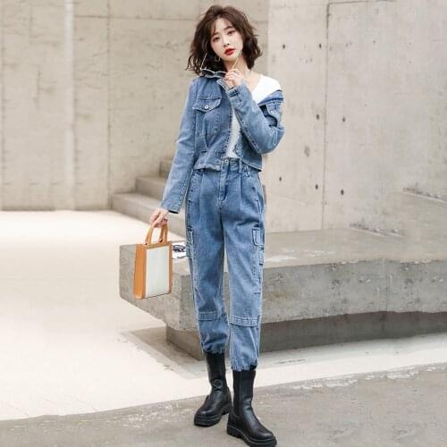 2021 New Streetwear Cargo Pants Casual Vintage Two Piece Suit Spring Autumn Denim Jacket And Jeans Set For Women Trendy