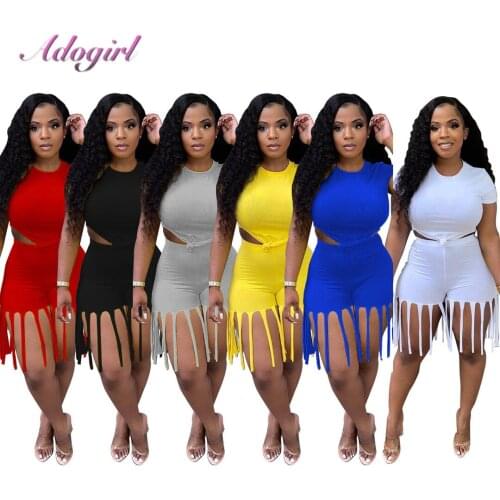 Women Summer Suit Outfits Plus Size Two Piece Set Solid Short Sleeve Crop Tops T-Shirt Tassel Shorts Set Sportwear Tracksuit