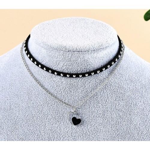 Choker Necklace Women Black Strip Collar Two Layers Chain Heart Moon Key Pendant Gothic Rivets Jewelry Gift