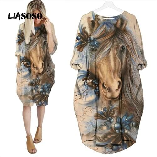 LIASOSO Animal Horse 3D Print Ladies Dress Harajuku Summer Fashion Loose Hot Sale Women Long sleeve Pocket Skirt Anime Sexy Tops