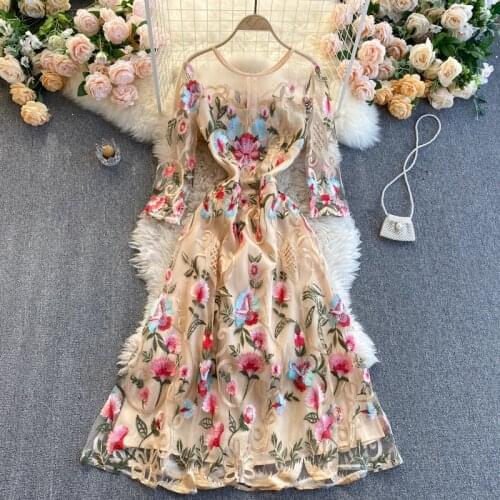 Women New Fashion Round Neck Long Sleeve Slim Mesh Embroidery Crochet Elegant A-line Dress Harajuku Vintage Vestidos R280