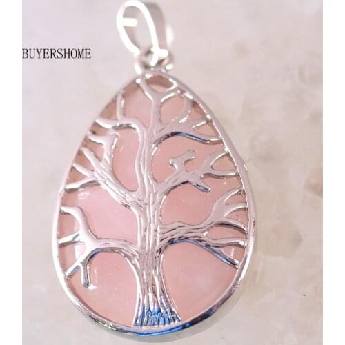 Silver Color Tree of life Water Drop Necklace Pendant Natural Gem Stone Pink Crystal 1Pcs K446