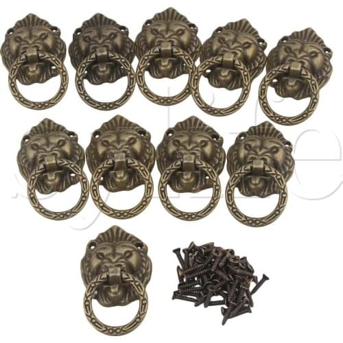 10x Antique Style Bronze Lion Head Design Drawer Ring Pull Handle Alloy
