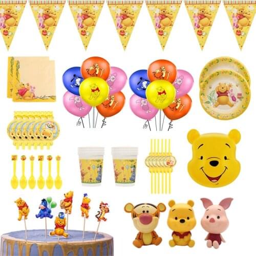 125pcs Disney Winnie Party Supplies Childrens Days Balloons Cake Decoration Paper Cup Napkins Disposable Dinnerware Supplies