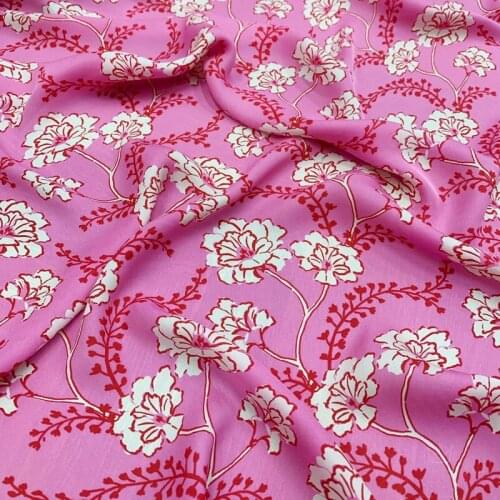 140CM Wide 18MM White Floral Print Pink Silk Fabric for Summer Dress Shirt Cheongsam Suit Pants G051
