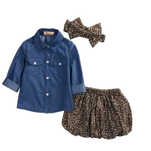 3PCs Baby Girls Cowboy Denim shirt +Leopard Skirt +headband Sets Clothes Summer Kid Long Sleeve Tops Mini Skirts Clothing Outfit