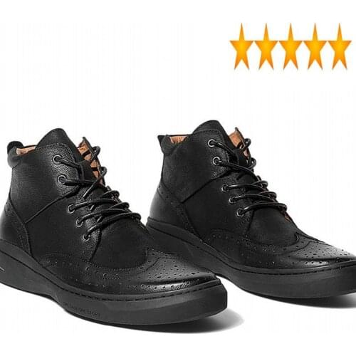Spring Autumn British Brogue Designer Mens Genuine Leather Ankle Boots Fashion Lace Up Round Toe Casual High Top Platform Shoes