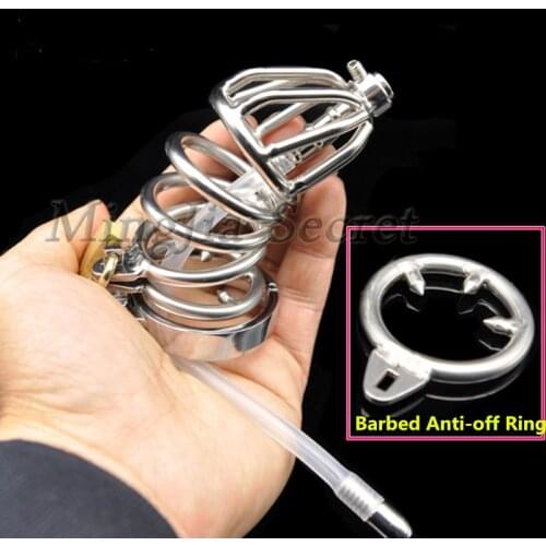 Long Stainless Steel Male Chastity Belt,Cock Cage With Urethral Catheter Barbed Anti-off Ring,Penis Sleeve,BDSM Sex Toys For Man