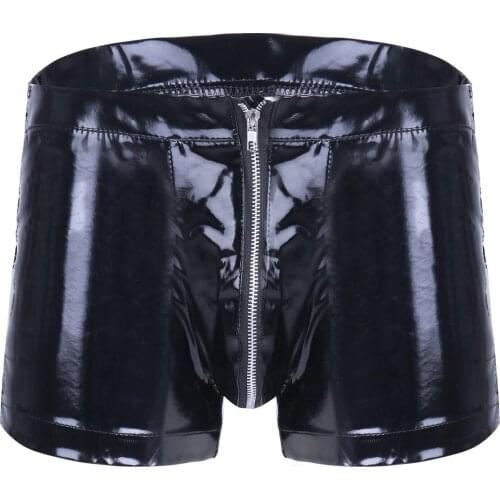 Leather Fetish Boxer Lace up Beside Mens Sexy Open Crotch Leather Short Pants For Sex Latex Bodycon Zipper Crotchless Patent