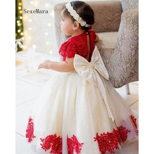 Cute Red Lace Baby Girls Dresses Cap Sleeves First Birthday Dresses Girls Pageant Gowns with Bow kids size 12m 18m 24m