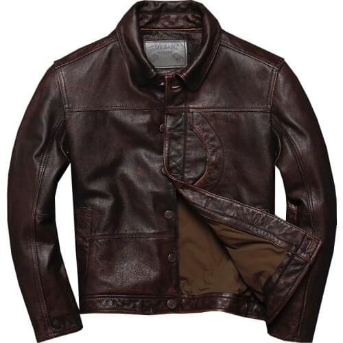 Mens Genuine Cowhide Vintage Washed Distressed Leather Jacket Short Slim-fit Motorcycle Suit Casual Leather Jacket Coat XXL