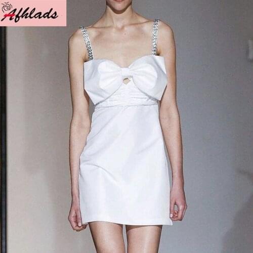 Spring and summer new women style bow white diamond spaghetti strap dress backless small fragrance party mini dress