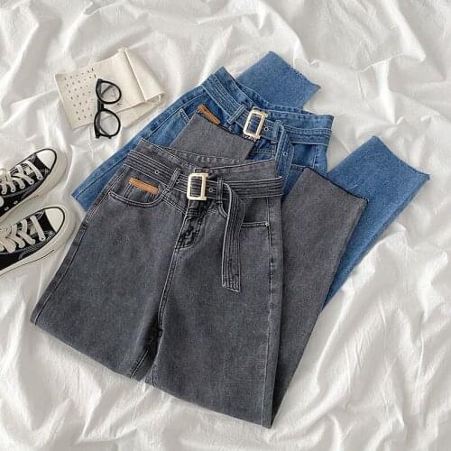 Early Autumn New Korean Women Jeans All-match Slim High Waist Girl Straight Leg Pants Raw Edge Trousers Women Free Belt