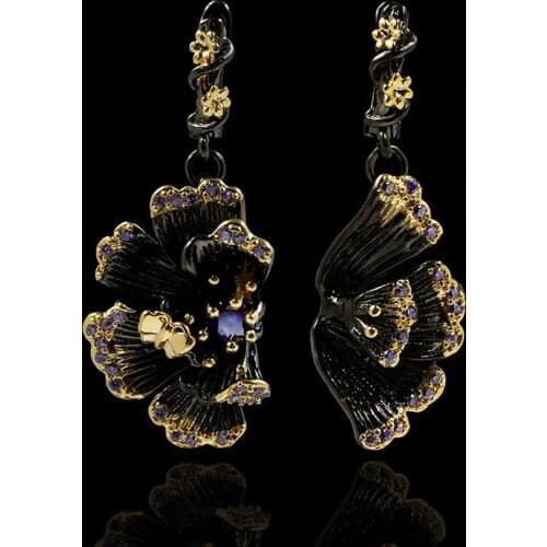 New retro sunflower earrings high-end flower zircon personality gold exaggerated black and gold two-tone earrings jewelry gift