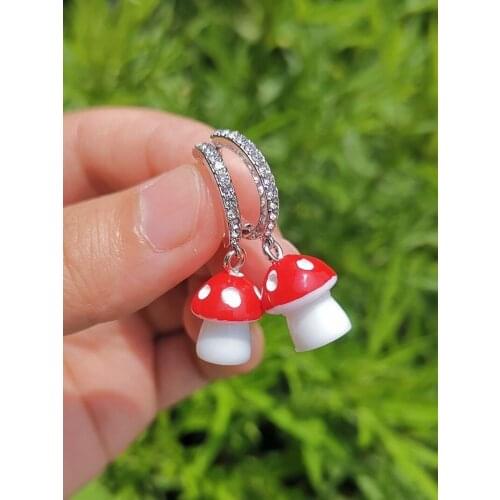 Wholesale Stylish Cute Red Resin Mushroom Earrings for Women Shiny Rhinestone Hoop Earrings Wholesale Jewelry Bijoux INS