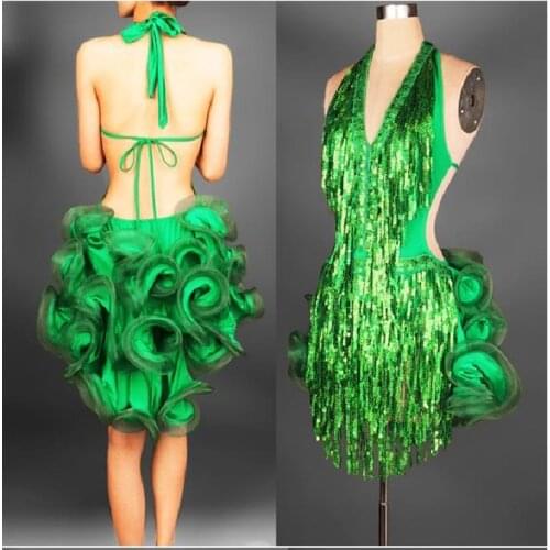 Sexy Sparking Latin Dancing Dress Halter Neck Flamenco Tassel Skirt for Lady & Women Standard Practice Dancewear 4 Colors B0046