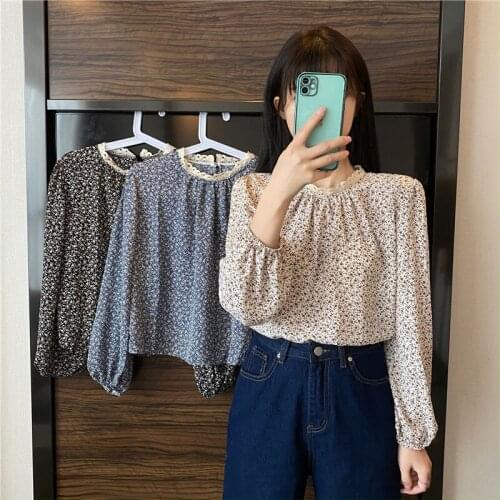 Blouse Women Autumn Lace Patchwork round Neck Pullover Chiffon Shirt Blusas Mujer De Moda