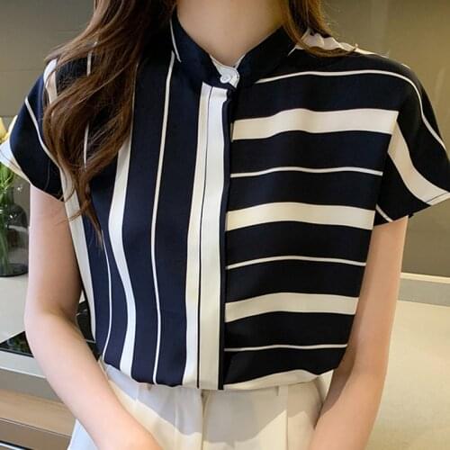 Summer Blouse Women Short Sleeve Striped Chiffon Blouse Women Shirt Tops Women Blusas Mujer De Moda 2021 Blouses Shirts E984