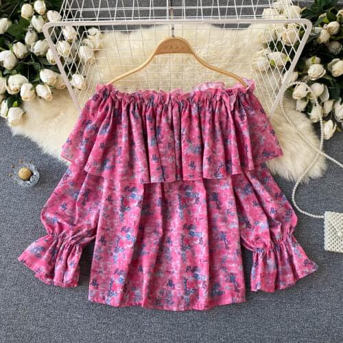 New Ladies Sweet Sexy Slash Neck Off Shoulder Ruffles Shirt Tops Spring Autumn Womens Vintage Long Sleeve Printed Floral Blouses