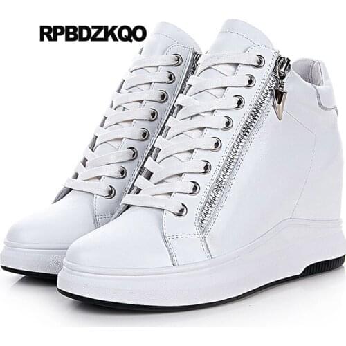 Thick Sole Elevator Muffin Genuine Leather High Top Women Winter White Creepers Platform Shoes Trainers Black Wedge Fur Sneakers