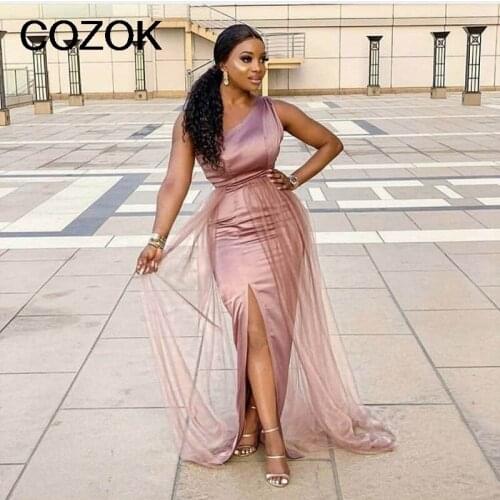 One Shoulder Side Slit Floor Length Elastic Satin Mermaid Bridesmaid Gowns Cheap Satin Bridesmaid Dresses