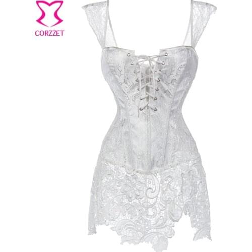 White Paisley Pattern Brocade & Lace Skirted Bridal Corset Bustier Tops Plus Size Korsett For Women Wedding Dress Sexy Lingerie