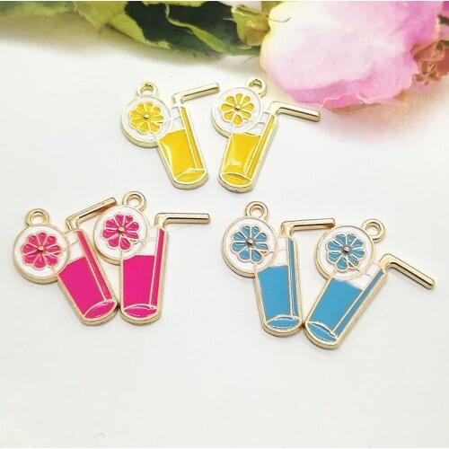 10 BULK Lemonade Charm Drink Food Summer Yellow Lemon Tassel Necklace Charm Enamel Vacation Citrus Lemonade Pendant 20.5*25.5mm