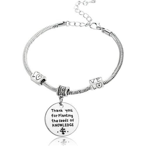 12PC Thank You For Planting The Seeds Of Knowledge Tree Bracelets Round Pendant Love Bead Chain Bangles Teachers Day Thanksgiving Gifts Jewelry