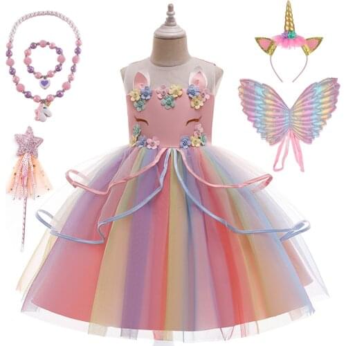 2021 Unicorn Dress with Wings Kids Birthday Party Gift Princess Costume for Halloween Christmas Baby Girls Summer Clothing
