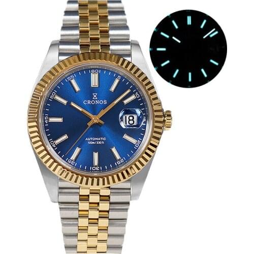 Cronos Watch Jubilee Bracelet Luxury PVD Golden Mechanical Wristwatches Mens Cyclops Date Retro Dress Watches for Men Automatic