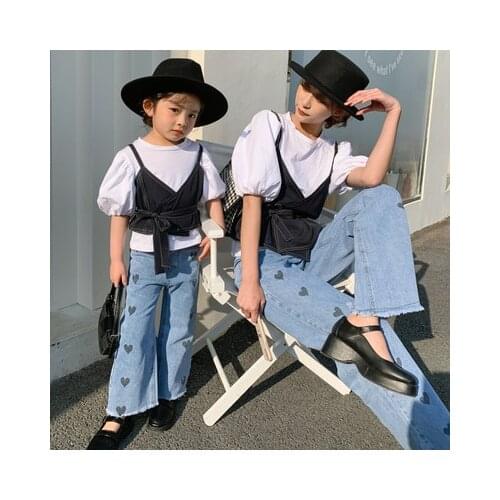 Family Matching Clothes Mother and Daughter Clothes 2021 Summer New Baby Girls Denim Pants Kids Girls Casual Jeans Family Look