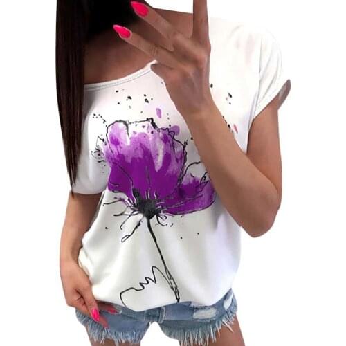 Summer Casual Women T-Shirts Flower Print One Shoulder Loose Short Sleeve T-Shirt Top Womens Clothing 2021