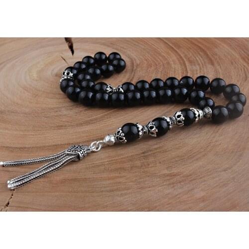 Natural Onyx 925 Silver Tassel 33 Beads Prayer Beads Tasbih Allah Muslim Salat Rosary Men Women Meditation Jewelry From Turkey
