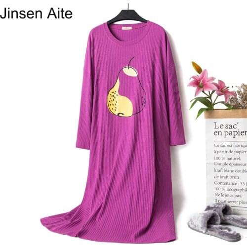 Jinsen Aite Cotton Women Nightgowns 2019 New Spring Autumn Long Sleeve Loose Casual Round Neck Large Size Sleepshirts JS775