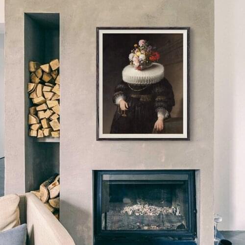 Art Antique Oil Painting Flower Mask Dutch Portrait Prints Surreal Painting Eclectic Art Canvas Painting Artwork Decor