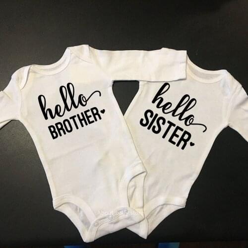 Hello Brother Sister Newborn Baby Bodysuits Cotton Long Sleeve Baby Boy Girls Onesies Romper Baby Announcement Bodysuit Clothes