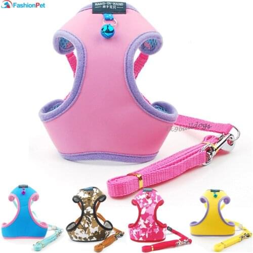 New Fashion Soft Leather Protective Pet Dog Strap Vest Puppy Harness and Leash Lead Set with Bell