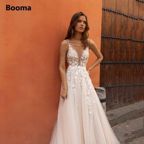 Booma Deep V-Neck Beach Wedding Dresses Spaghetti Straps Lace Appliques A-Line Tulle Bridal Gowns Backless Long Bride Dresses