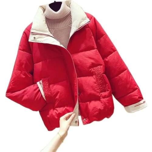 Women Down Cotton Clothes Short New Loose Stand-Up Collar Cotton Thicken Bread Service Color Contrast Cotton Ladies Jacket Tide
