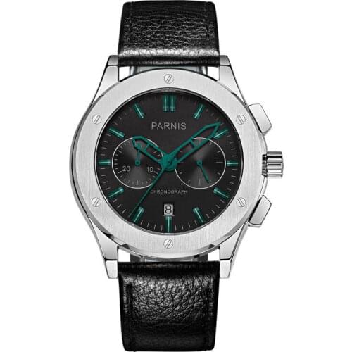 Parnis Pilot V Seriers Luminous Mens Leather Watchband Military Sport Chronograph Quartz Watch Wristwatch