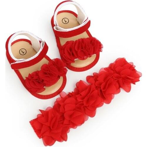 0-18M Newborn Baby Girl Summer Sandals Anti-slip Princess Prewalker Kid Soft Sole Crib Shoes Girls First Walkers with Headband
