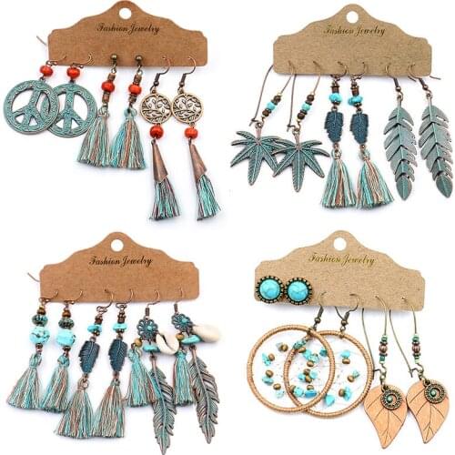 Boho Green Stone Beads Drop Earrings Vintage Ethnic Big Round Peace Feather tassel Earrings Set For Women Fashion Jewelry 2020