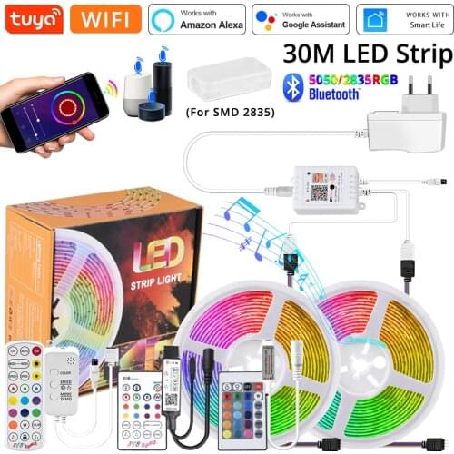 5M-30M TUYA Wifi LED Strip Light DC 12V Bluetooth Smart LED Tape RGB Strips 5050 2835 Alexa Google Voice Control Flexible Ribbon