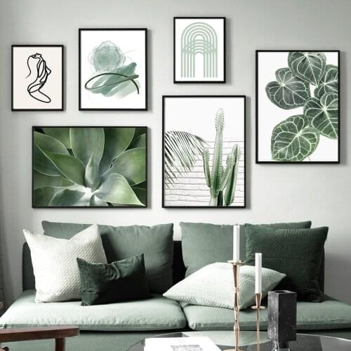 Fresh Green Leaf Abstract Girl Curve Door Nordic Posters And Prints Wall Art Canvas Painting Wall Pictures For Living Room Decor