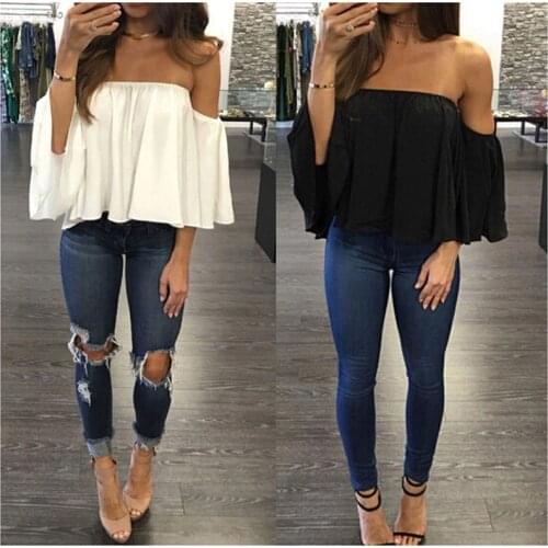 Cropped Tops 2017 Kawaii Summer Shirts Flare Sleeve Blusa Feminina Women Blouse Chiffon Blusas Sexy Off Shoulder Top Party