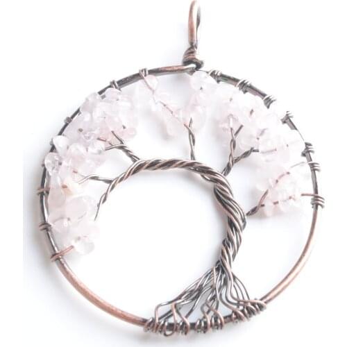 WOJIAER 52mm Handmade Rose Quartzs Natural Stone Round Antique Copper Wire Whole Wrap The Tree Of Life Pendant PN3291