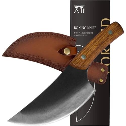 XYJ Full Tang 5.5 Inch Forging Boning Knife with Leather Sheath High Carbon Steel Cleaver Serbian Knife for Camping, Hunting BBQ
