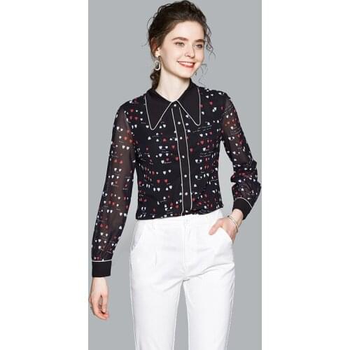 Vintage Women Runway Blouses 2021 Spring Summer Long Sleeve Black Mesh Stitching Love Printed Shirts Korean Clothes